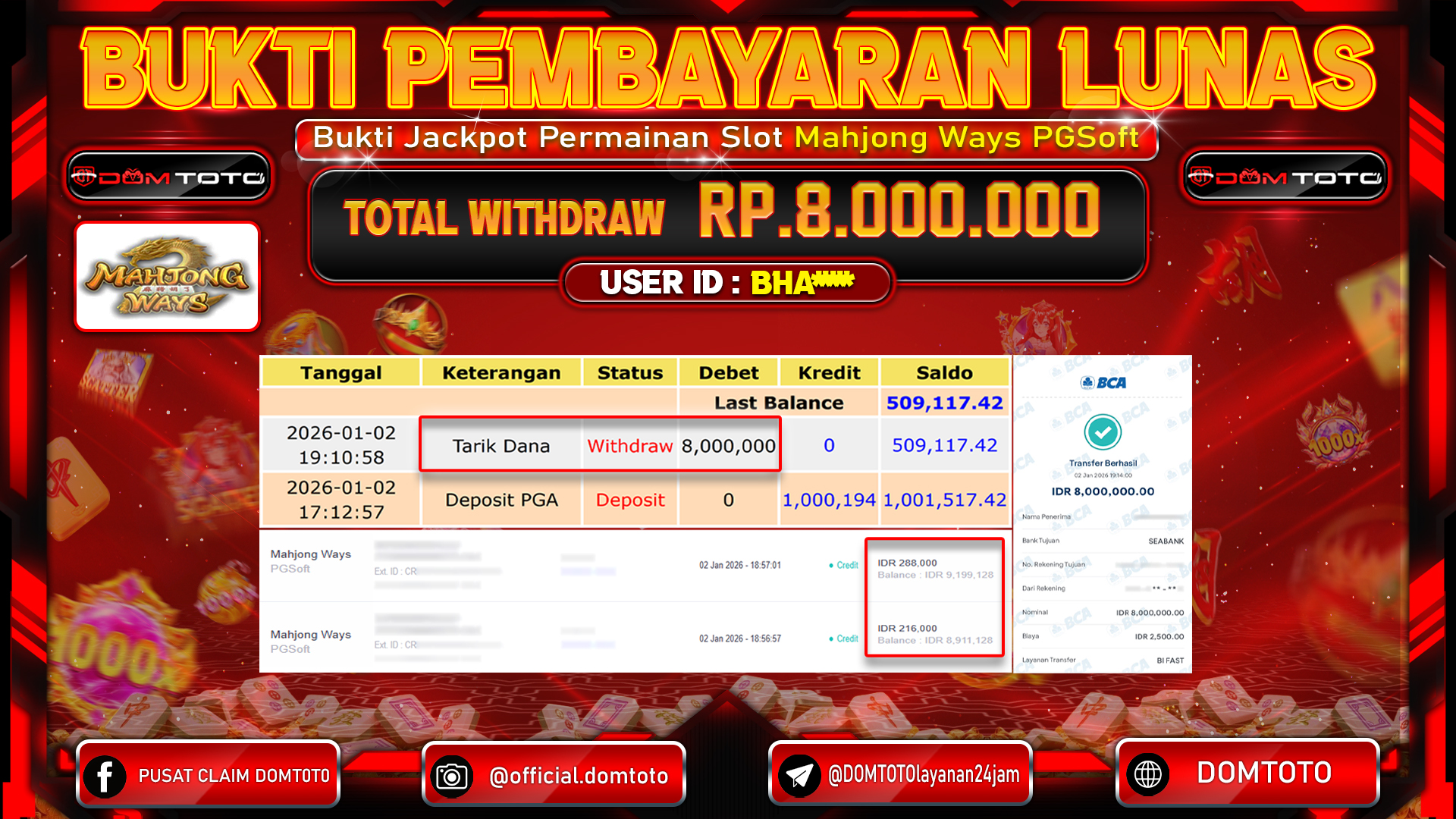 JACKPOT Slot Mahjong Ways PGSoft 2 JANUARI 2026